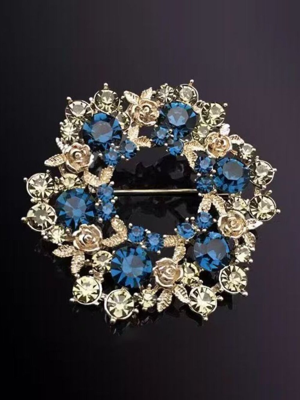 Vintage Blue Crystal Rose Wreath Brooch Luxury Rhinestone Floral Pin Coat Access